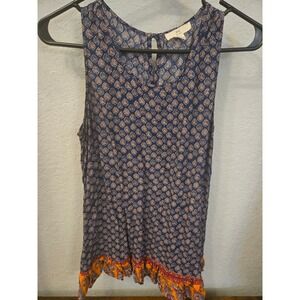 BLL New York Womens Navy Blue Orange Boho Paisley Ruffle Hem Tank Top Size M